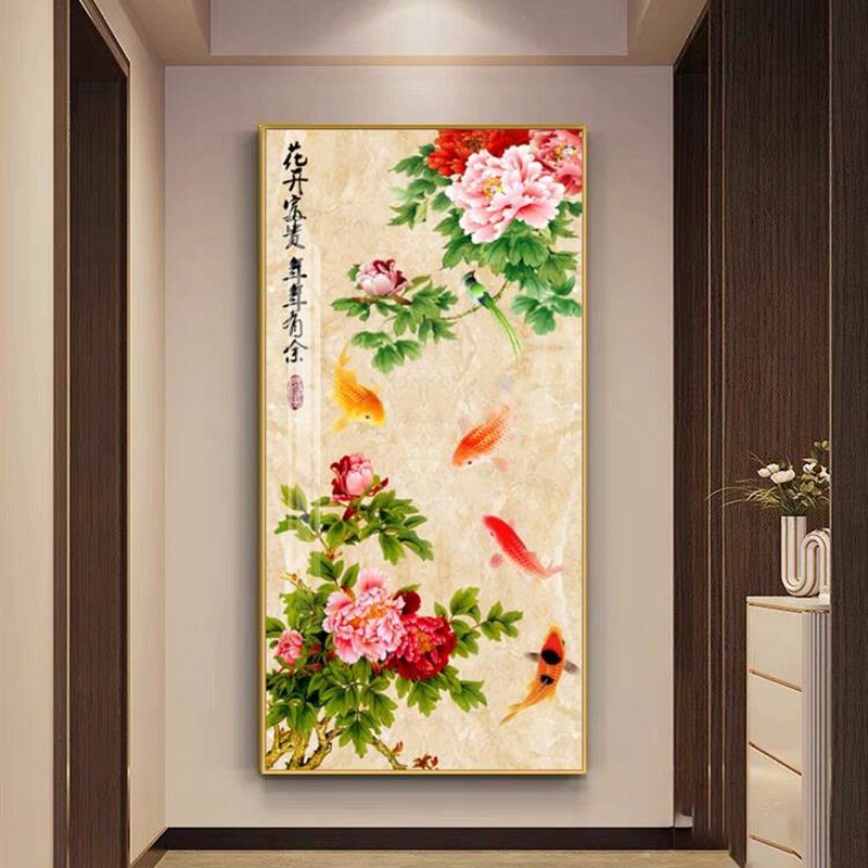花开富贵新中式牡丹花卉挂画入户门F正对墙玄关装饰画竖版走廊壁
