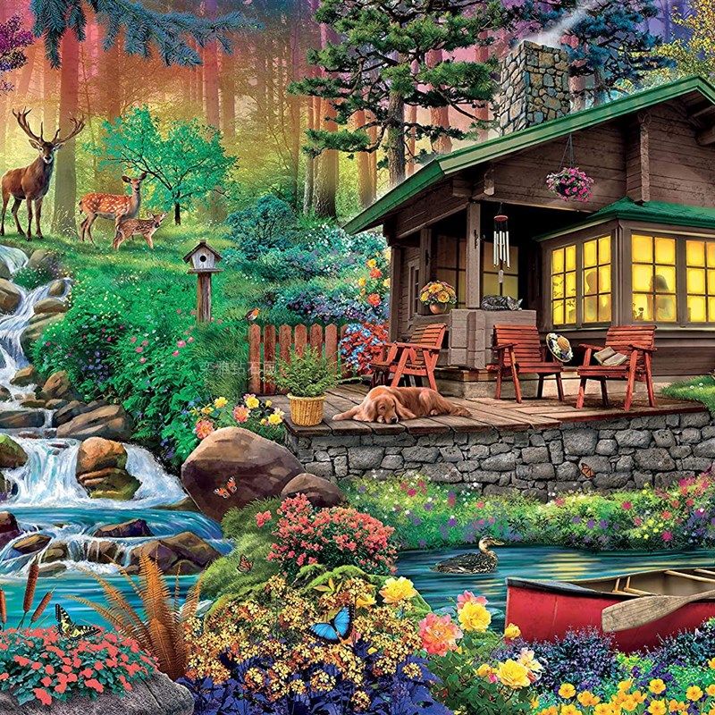 2023新款DIYl方钻满钻钻石画十字绣山中小屋梦幻家园小河流水麋鹿