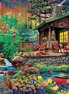 2023新款DIYl方钻满钻钻石画十字绣山中小屋梦幻家园小河流水麋鹿
