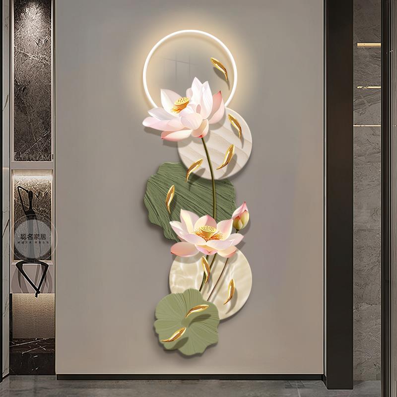 3d立体九鱼图玄关装饰画现代轻奢荷花壁灯画入户走廊过道高档挂画图片
