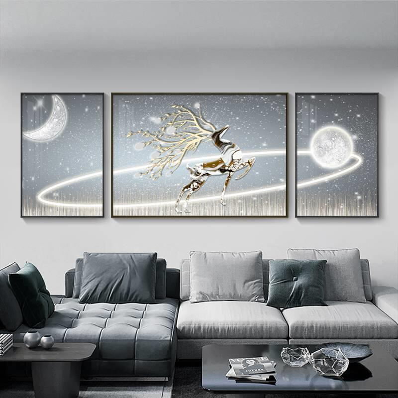 客厅装饰画抽象艺术麋鹿三联画高级感沙发背景墙挂画现代轻奢壁画图片