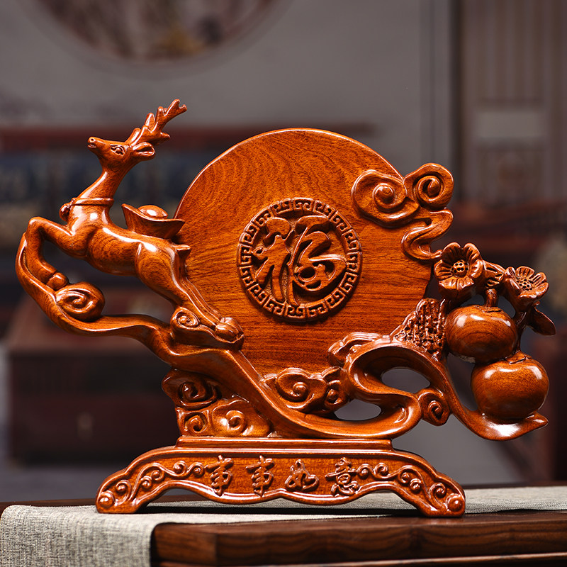花梨木雕梅花鹿摆件实木雕刻柿子事事如意家居客厅装饰品红木工艺