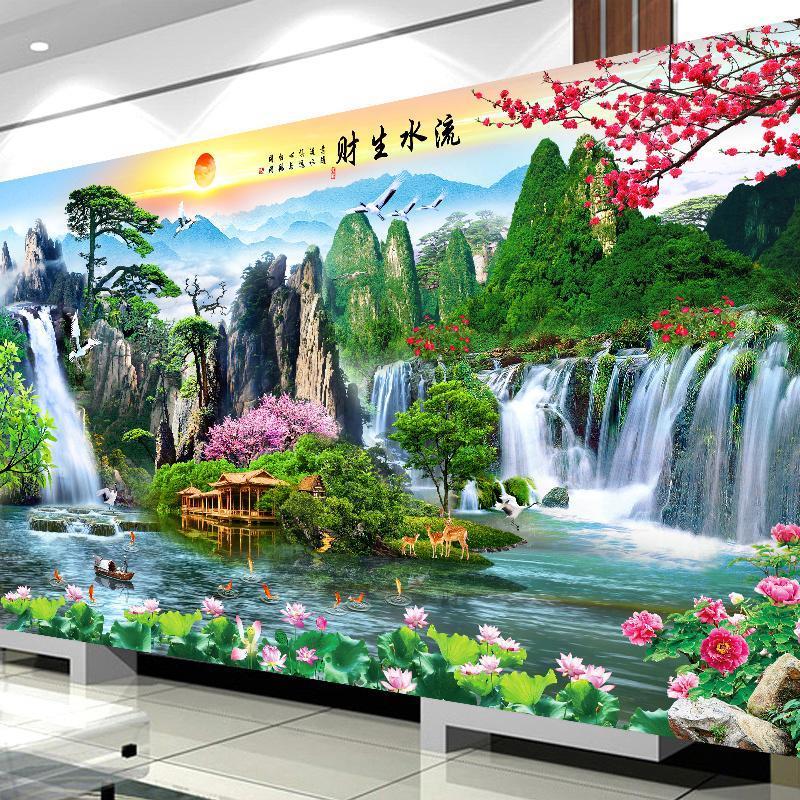 流水生财迎客松十字绣新款线绣客厅手工自己刺绣山水风景大画满绣