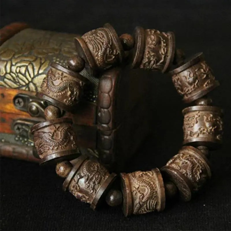 油木雕刻祥龙柱手串皮黑皮雕刻男款霸气古玩手串