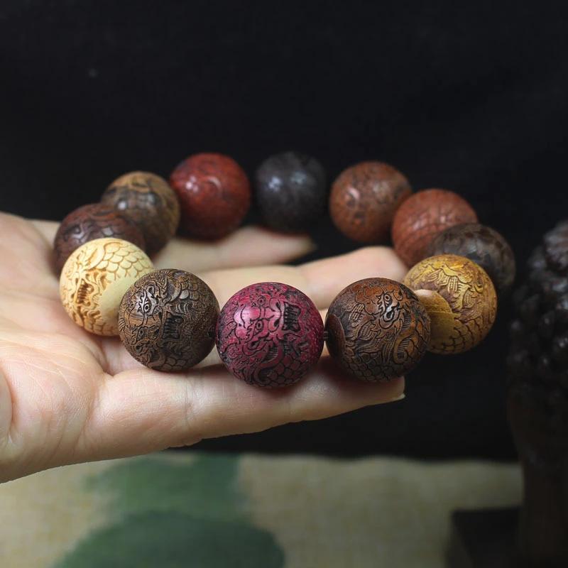 高端男士多宝雕龙手串男款文玩雕刻单圈手工盘玩精美天然原木串珠