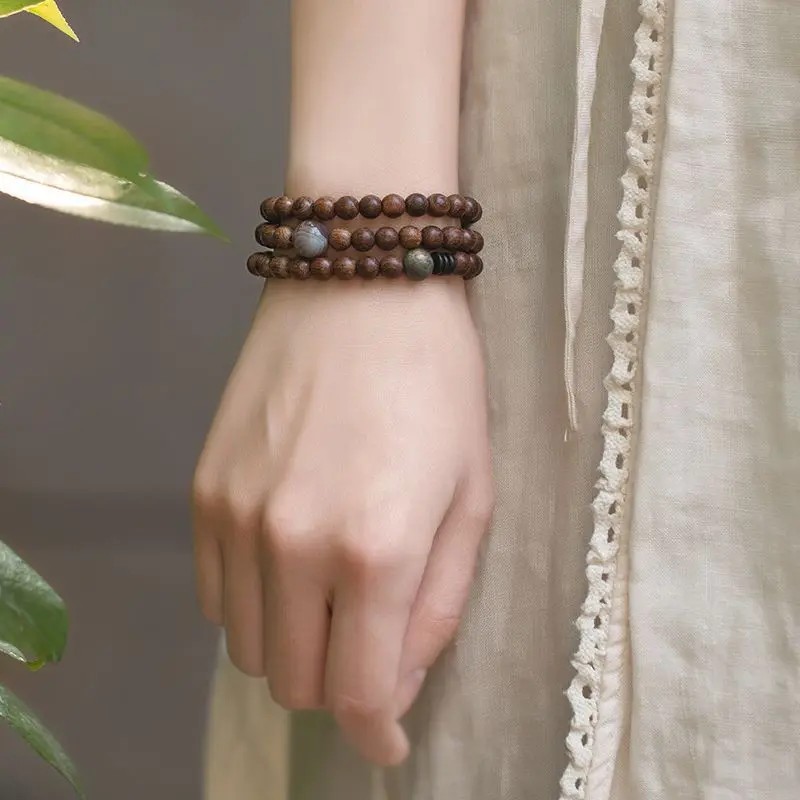 金丝檀木质小清新佛珠手串文艺情侣男女复古手珠码碯多圈木珠手链