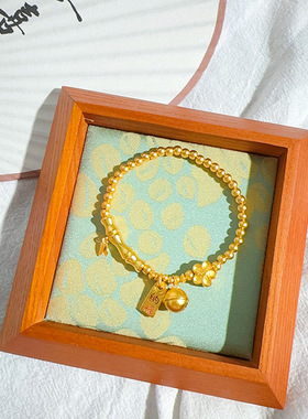 沙金金色桃花手链招财纳福铃铛珍珠轻奢复古手串首饰小众设计女