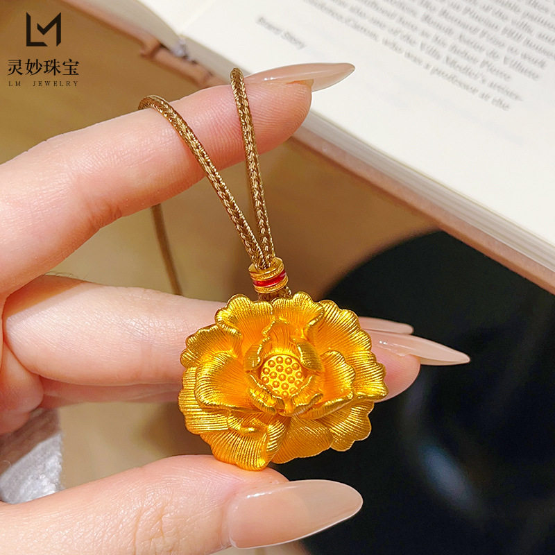 金店款越南沙金立体錾刻牡丹花吊坠项链拉丝富贵花朵毛衣链防金女