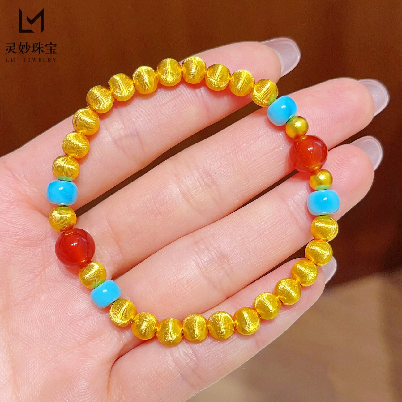 新中式越南沙金999拉丝猫眼红玛瑙蓝松手串苹果珠手链简约防真金