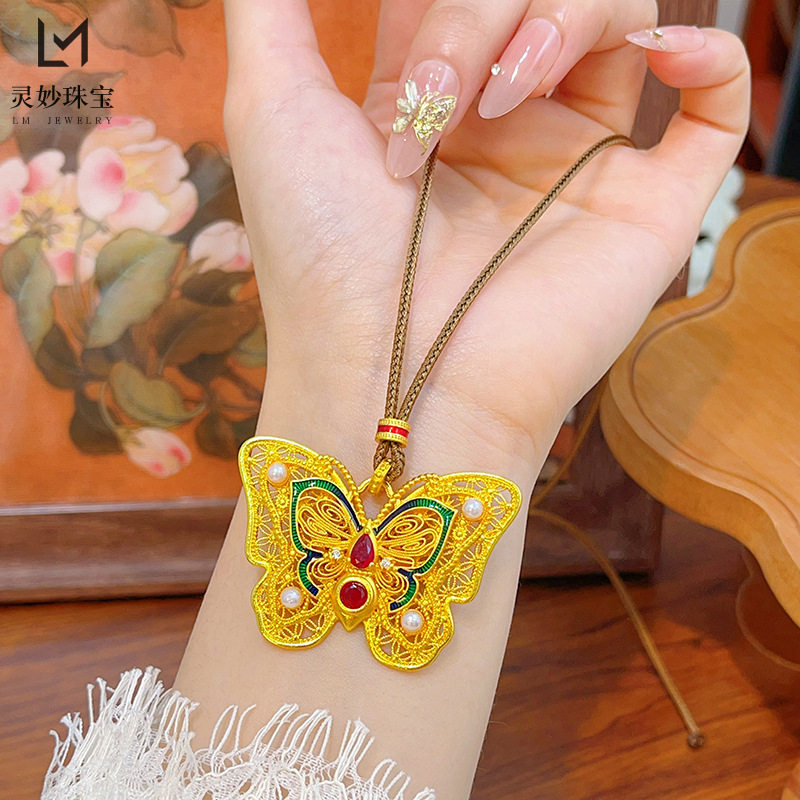 金店同款沙金珐琅红宝珍珠蝴蝶吊坠故宫系列彩玲珑花蝶项链送女友