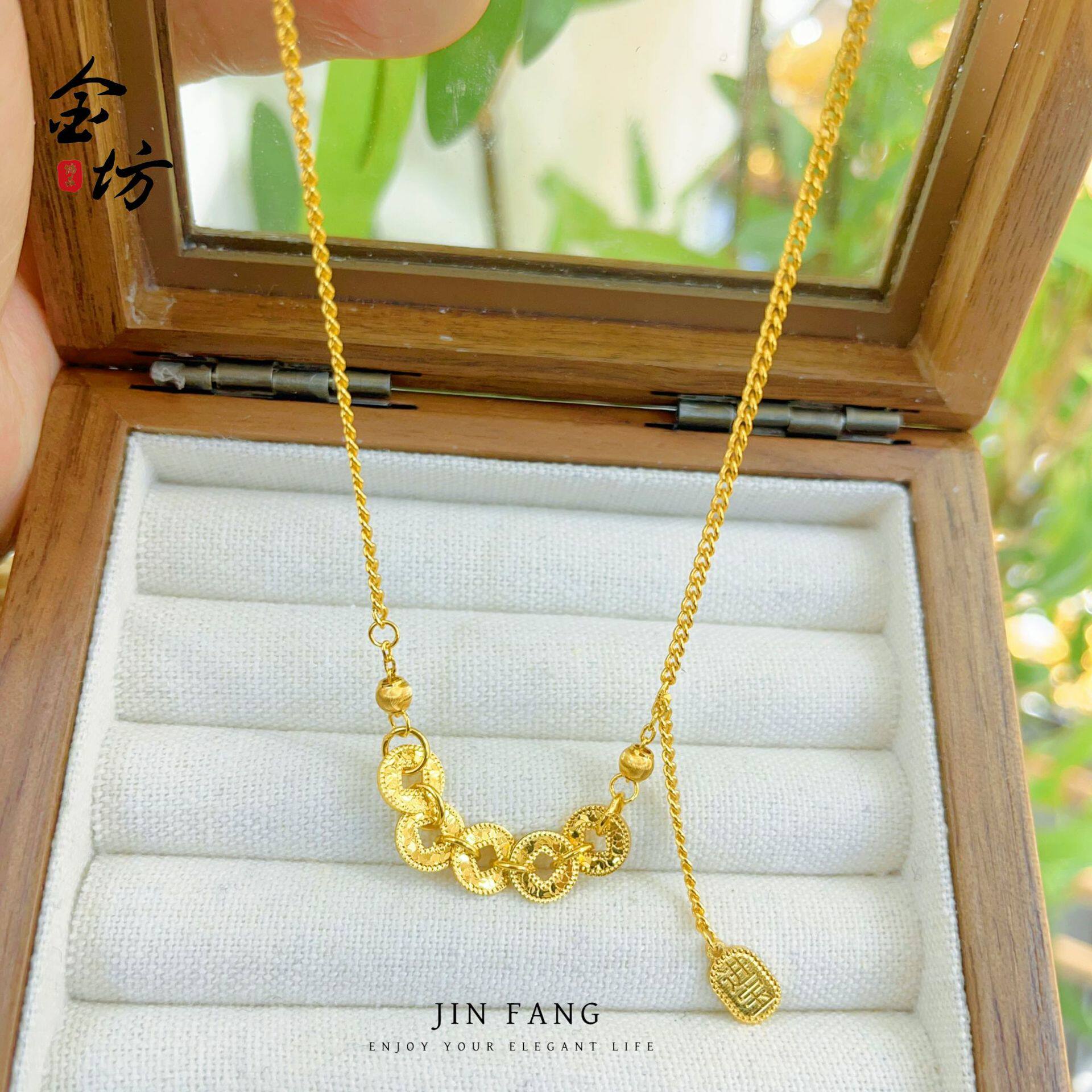 古法越南沙金碎碎冰金色五帝钱币项链锁骨链一体链新中式精致女
