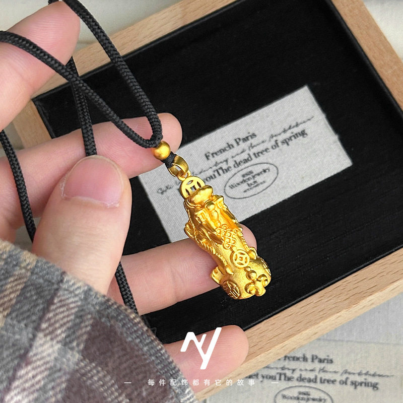 越南沙金新中式国风古法金招财貔貅吊坠长款仿真金色毛衣链挂坠