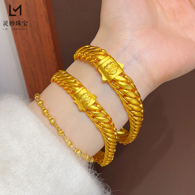 越南沙金不掉色古法醒狮三马鞭手链宽面磨砂老板古巴链霸气送男友