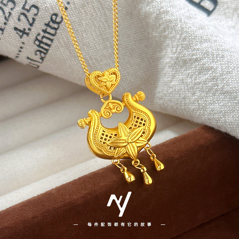 越南沙金新中式百合花朵流苏项链不掉色仿真金色民族风百合花项链