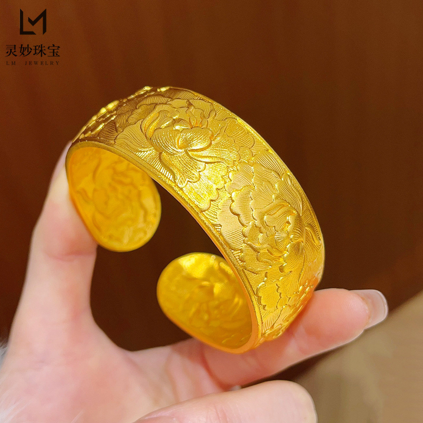 越南沙金宽面拉丝牡丹花手镯錾刻富贵花轮胎仿真金色镯子宫廷女