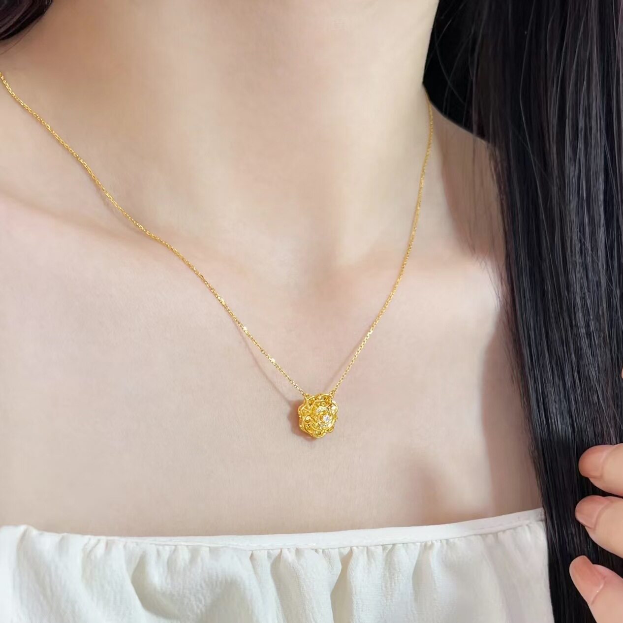 越南沙金 新款立体镶钻玫瑰花套链 百搭吊坠项链女黄金色女首饰品