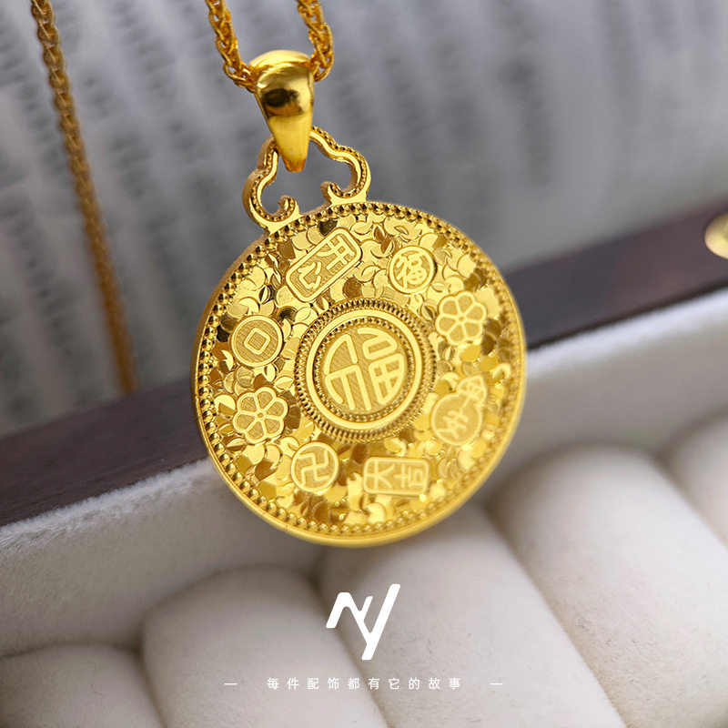 越南沙金999仿真金色CNC碎碎冰吉言圆牌毛衣链轻奢长款项链不掉色