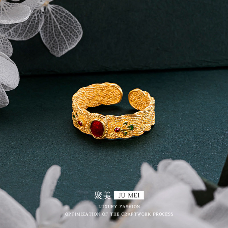 越南沙金新中式花丝凤翔开口戒宫廷风花丝镶嵌烧蓝麻花仿真金色指