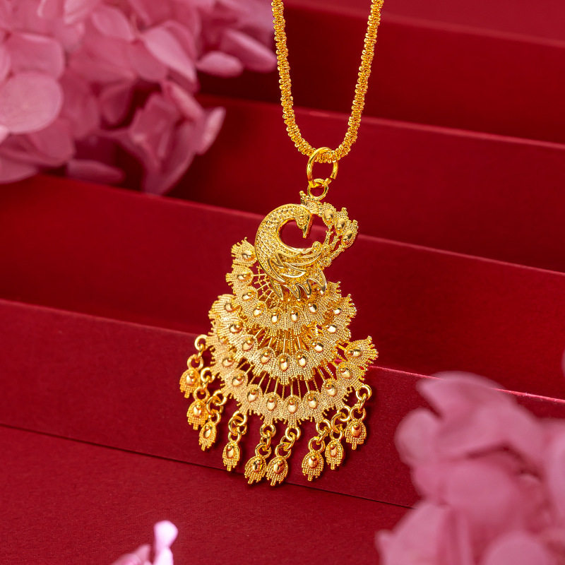 金版复古凤凰吊坠项链 越南沙金大气婚庆款灵动凤凰毛衣链女高级