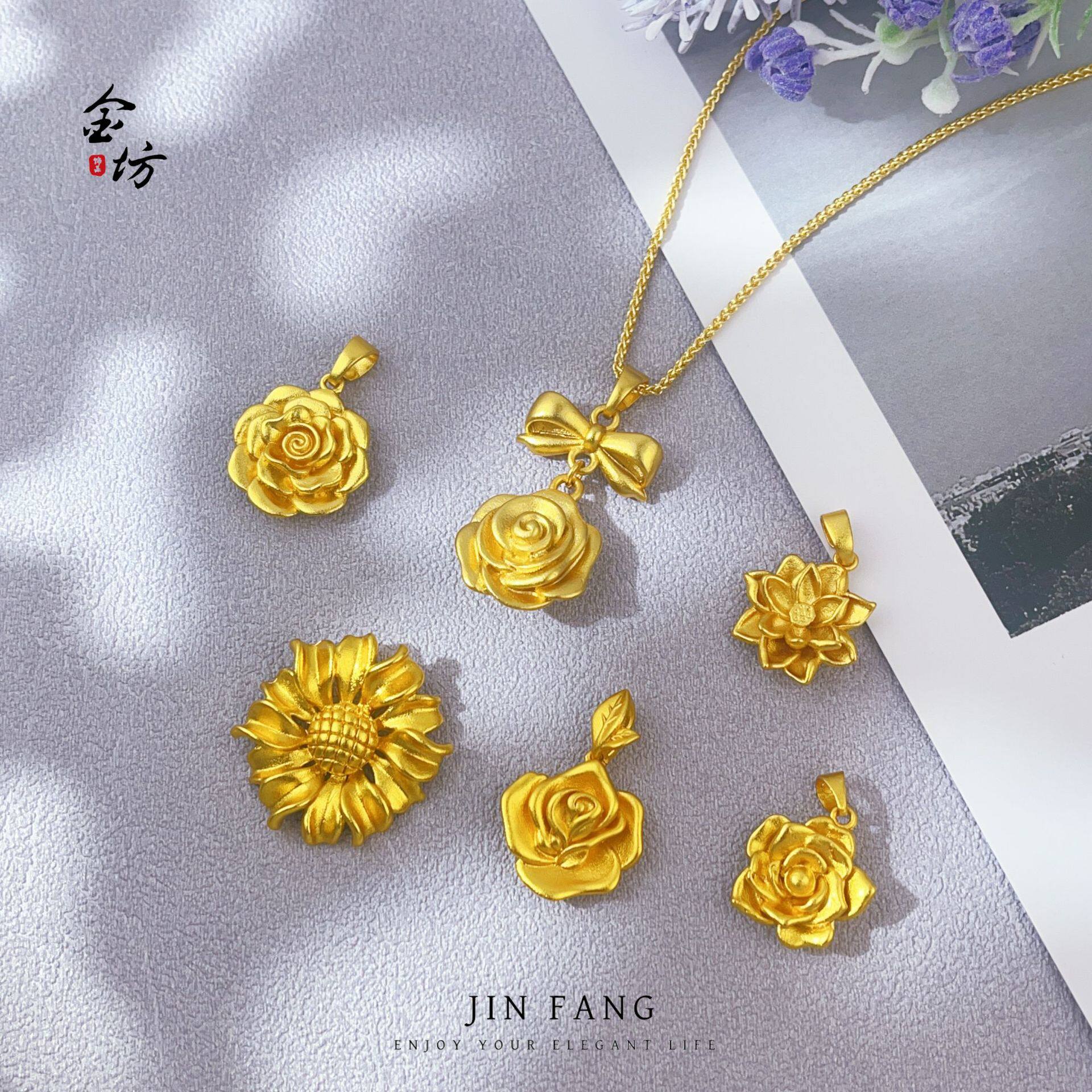 金店同款古法越南沙金玫瑰花莲花吊坠项链精致仿真金色锁骨链饰品