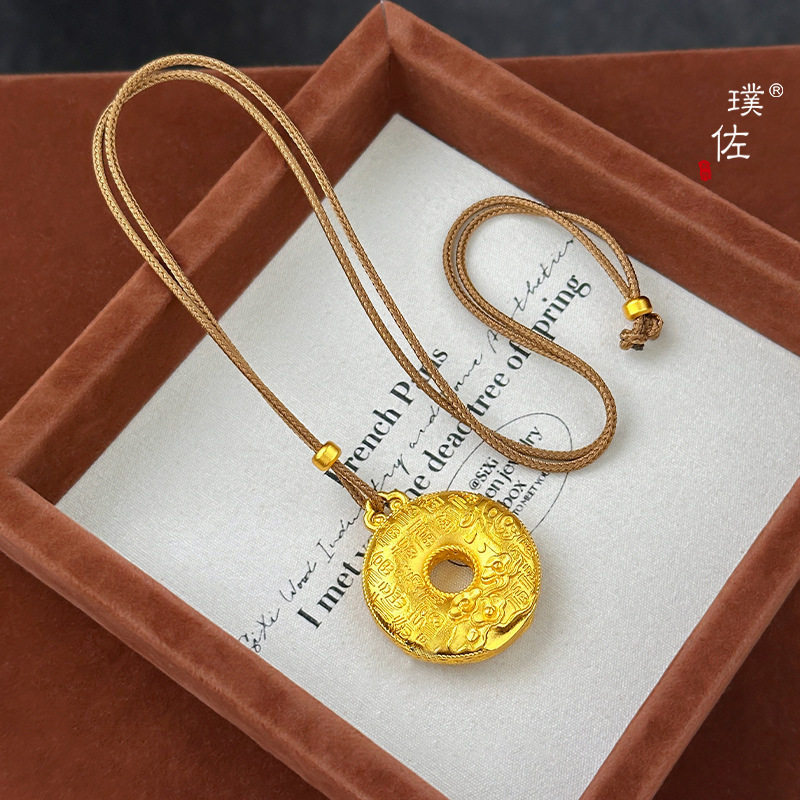 金店同款越南沙金如意牡丹花百福平安扣吊坠项链新中式国风毛衣链