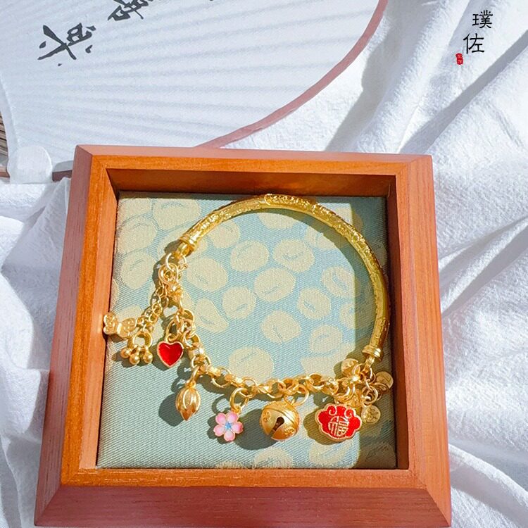 不掉色手镯新中式古法沙金沙蓝高端樱花铃铛半镯手链蝴蝶手链小众