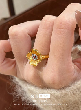 意大利越南沙金拉丝小兰花戒指中古风温柔点钻金花朵仿真金戒指女