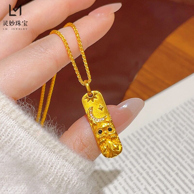 金店同款錾刻越南沙金点钻喵月星辰圆牌吊坠项链月亮猫咪锁骨链女