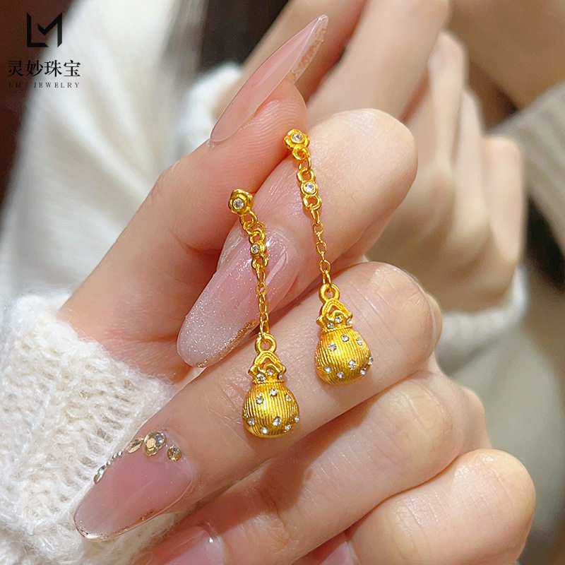 金店同款沙金复古点钻拉丝小福袋流苏耳钉实心钱袋子耳环女送礼物