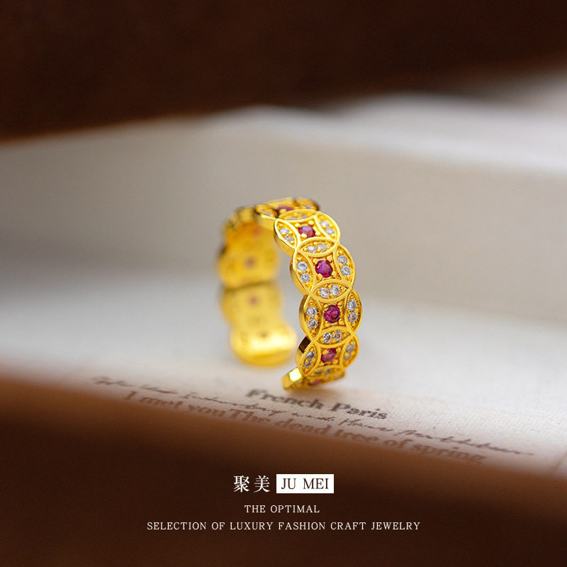 老钱风越南沙金不掉色玫红钻钱币戒女款仿真金色开口点钻铜钱指环