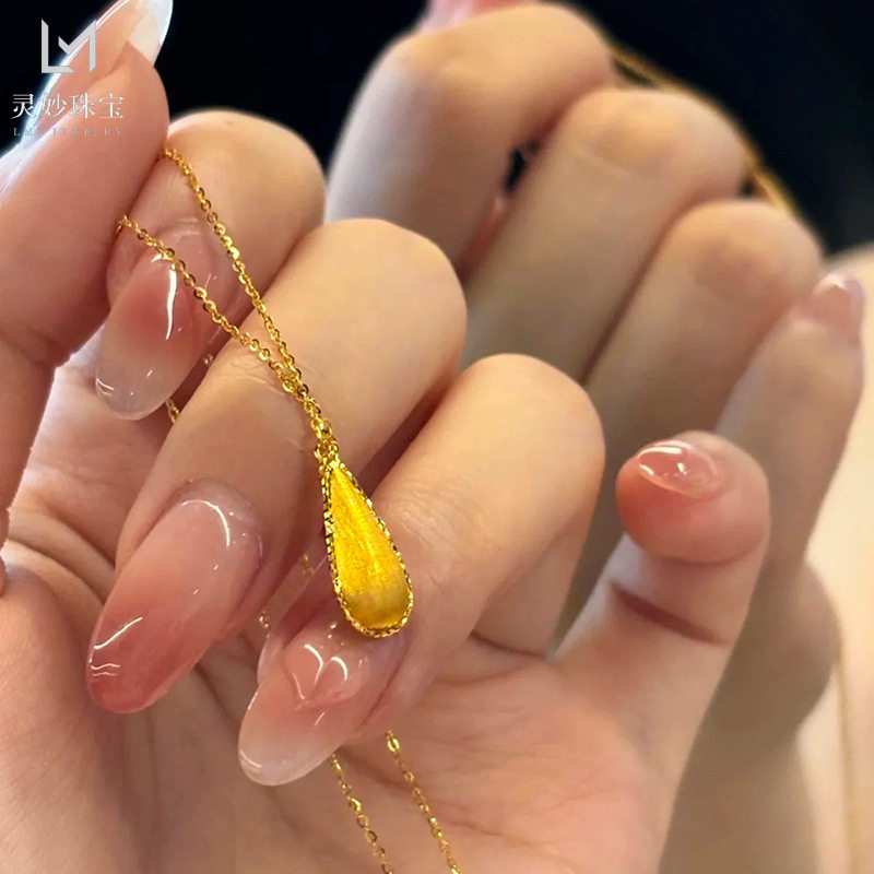 金店同款沙金999拉丝水滴项链新中式复古爱心锁骨链高级感送女友