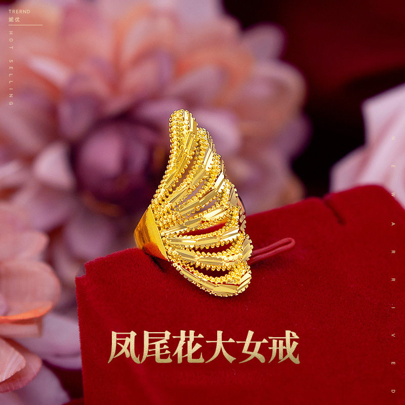 复古女款凤尾花大女戒 越南沙金夸张大孔雀开口女戒 凤尾戒指首饰