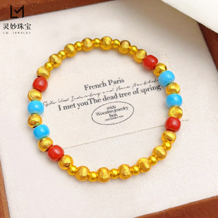 古法国风越南沙金不掉色拉丝猫眼绿松苹果珠手串珠手链叠戴仿真金