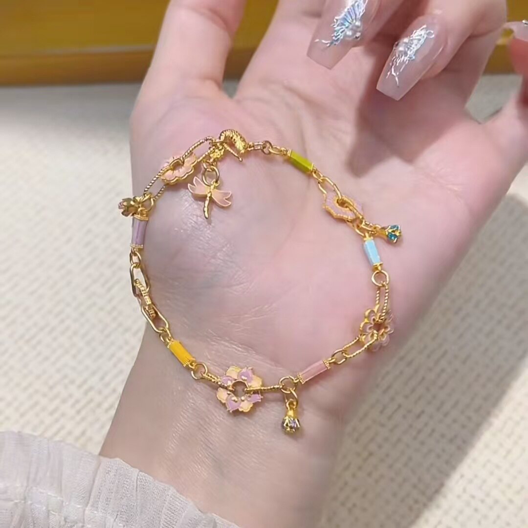 新中式珐琅幸运花瓣手链沙金彩色小花饰配件高级感百搭滴油手饰女