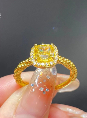 小方糖黄水晶宝石黄钻戒指轻奢超闪小众设计高级开口可调节送女友