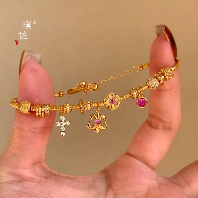 金店同款越南沙金不掉色鸢尾花十字架跑环盘缠手链女中古风手饰