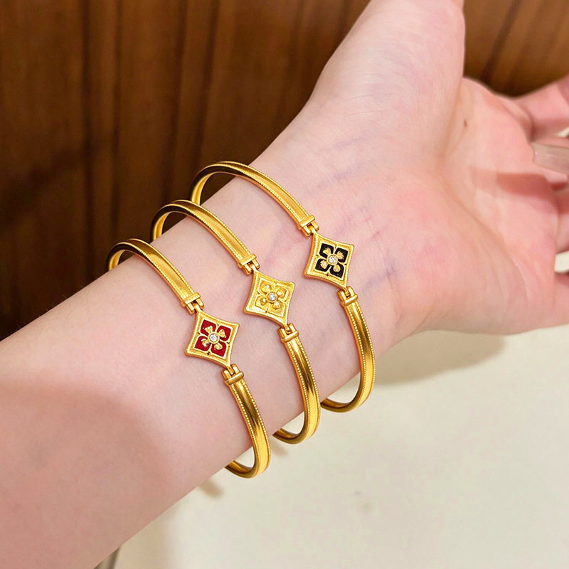 金店同款越南沙金珐琅彩万相系列红黑金色宝相花四叶草手镯老钱风