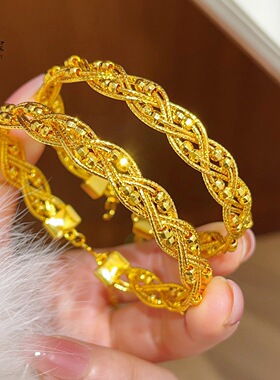 金店同款越南沙金不掉色爆闪蹦迪珠麻花手镯镂空蕾丝网格弹力镯链