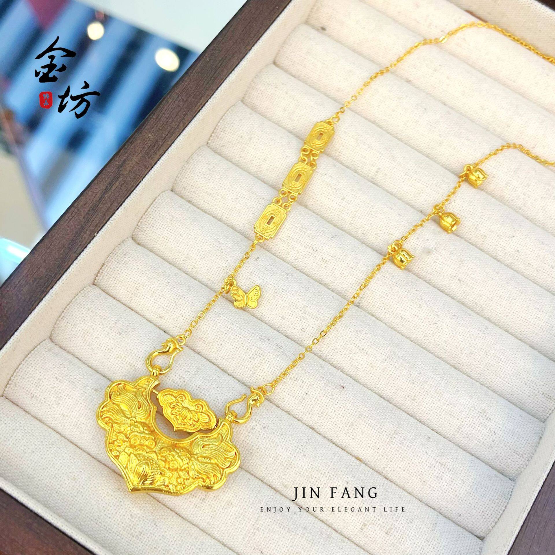 古法越南沙金999不掉色转动锦鲤鱼锁吊坠铃兰花链条女仿真金项链