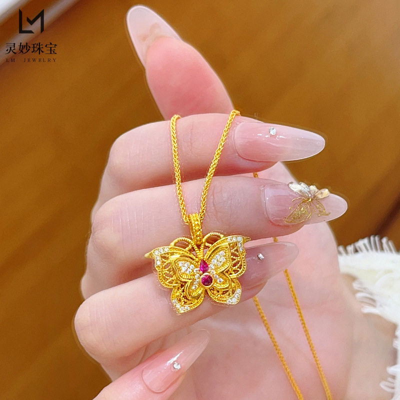 金店同款沙金故宫系列点钻玲珑花蝶项链镂空花丝双层小蝴蝶吊坠女