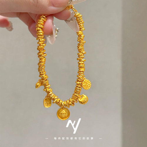 黄财神越南沙金999轻奢气质盘缠手链仿真金色胖福吞金兽编织手绳