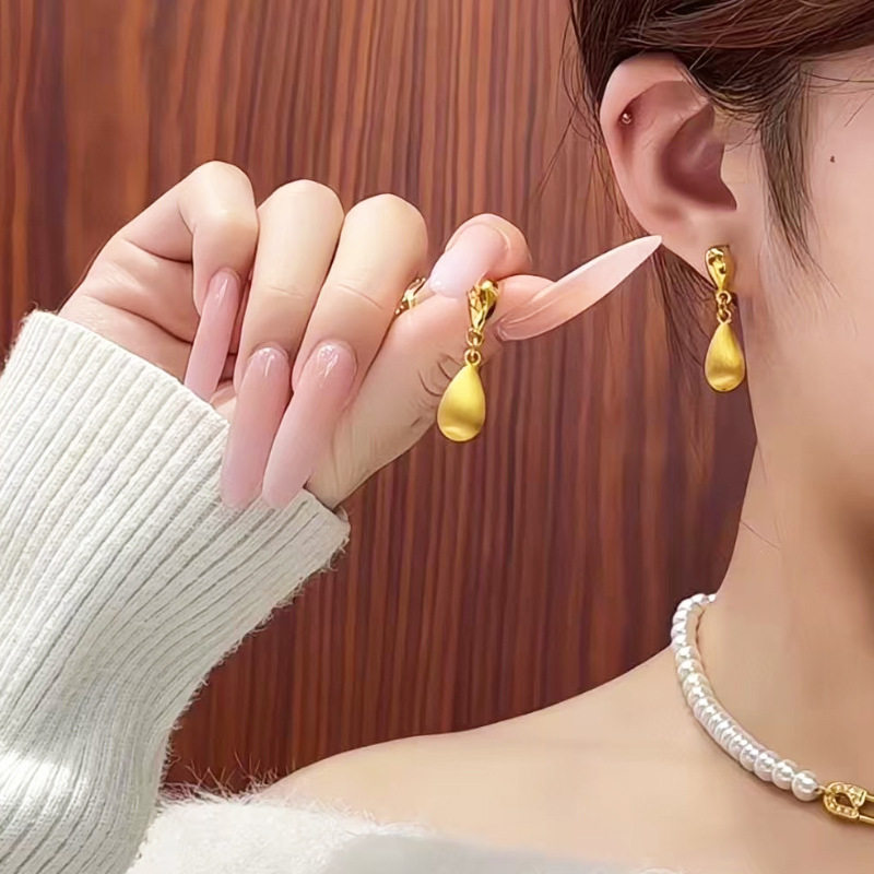 越南沙金999拉丝水滴流苏耳环女ins风仿真金色双水滴耳钉送人礼品