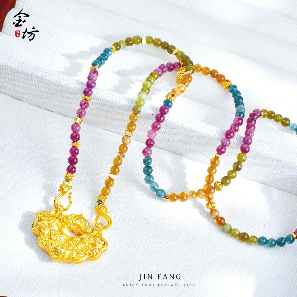 不掉色越南沙金珍珠锦鲤锁项链国潮风莲花牌双耳吊坠女项链仿真金