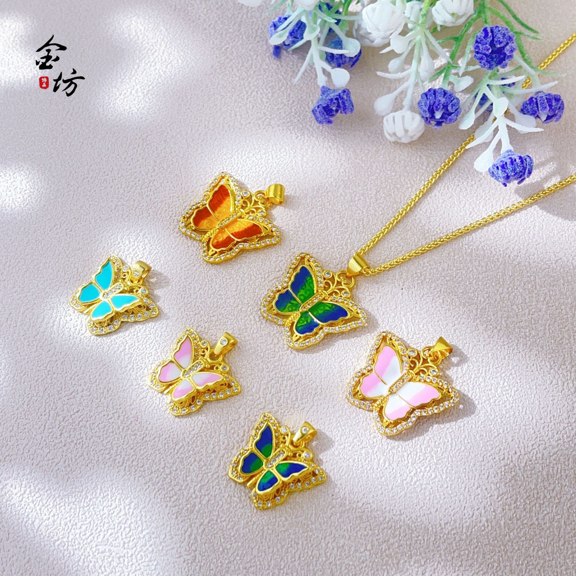 古法花丝越南沙金莫桑钻蜜粉金珐琅蝴蝶吊坠项链精致锁骨链国风女