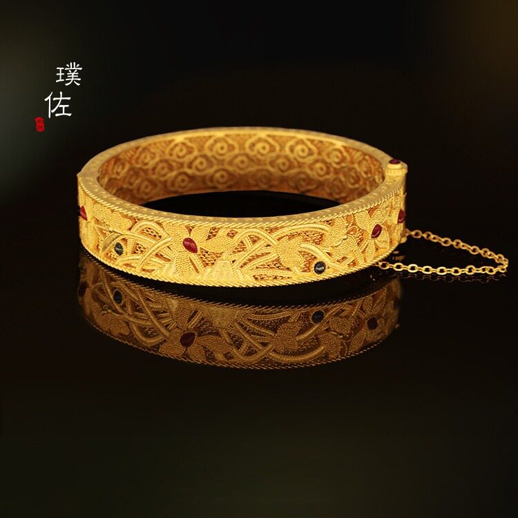 古法越南沙金宫廷古法金蕙质兰心手镯子女刻字炸珠版金店同款