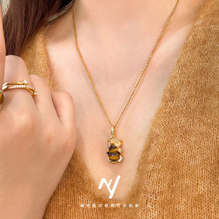 轻奢设计感越南沙金吉象福禄虎眼石葫芦小象仿真金色吊坠项链送礼