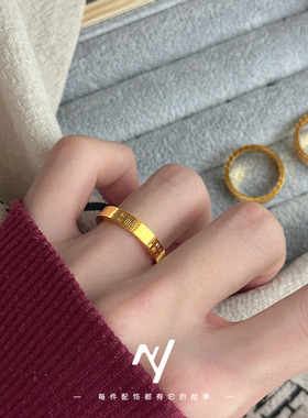 越南沙金新中式高级感传承百福男女款高级素圈不掉色仿真金色戒指