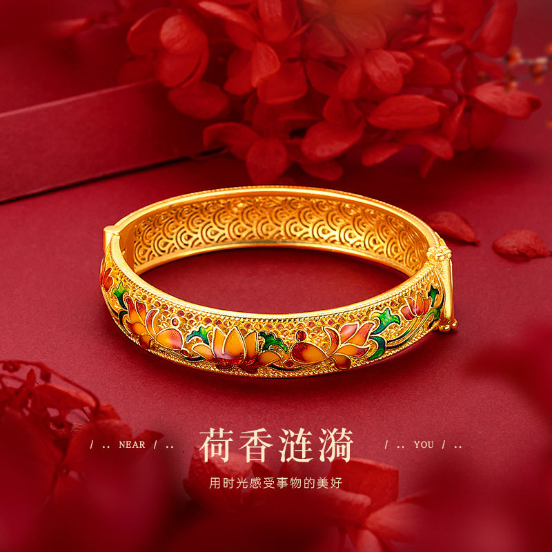 宫廷荷花大手镯女款越南沙金民族风烧蓝珐琅荷花复古手镯