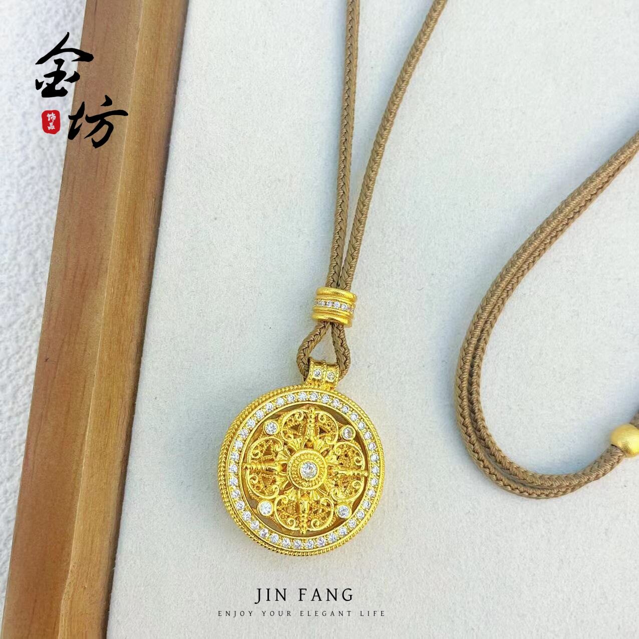 金店同款古法越南沙金镶钻聚福四方金刚杵转动八宝吊坠项链毛衣链