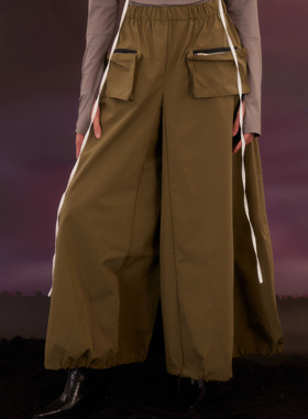 ME3HCHAIN松紧腰A型酷飒工装拉链口袋抽绳阔腿显瘦百搭长裙裤